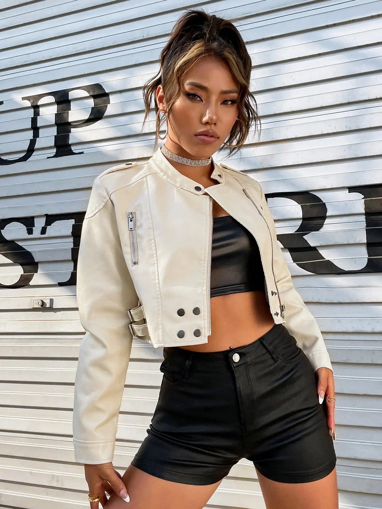 Solid Crop Biker Outerwear - Women's PU Leather Moto Jacket with Buckled Strap and Zip Detail