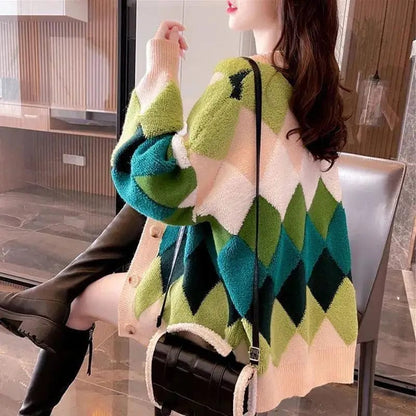Spring and Autumn Rhombic Contrast Color Sweater Coat Women's Loose and Lazy Knitted Cardigan Top Women's Fashionable Outwear