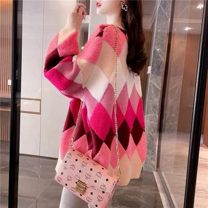 Spring and Autumn Rhombic Contrast Color Sweater Coat Women's Loose and Lazy Knitted Cardigan Top Women's Fashionable Outwear