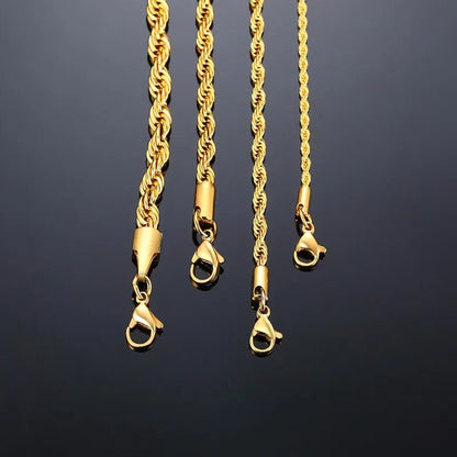 Stainless Steel Minimalist Twist Rope Chain Necklace for Men - Available in Gold and Silver Colours, 2 to 5mm Options