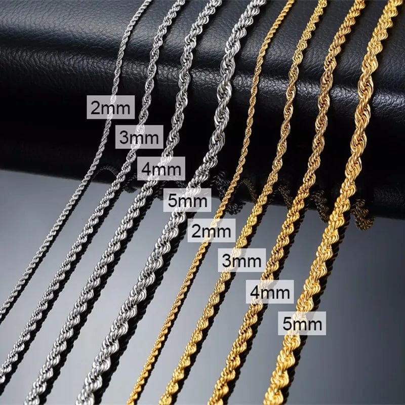 Stainless Steel Minimalist Twist Rope Chain Necklace for Men - Available in Gold and Silver Colours, 2 to 5mm Options