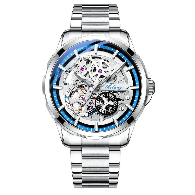 Steel Silver Blue Men's Luxury Skeleton Mechanical Watch Stainless Steel Waterproof