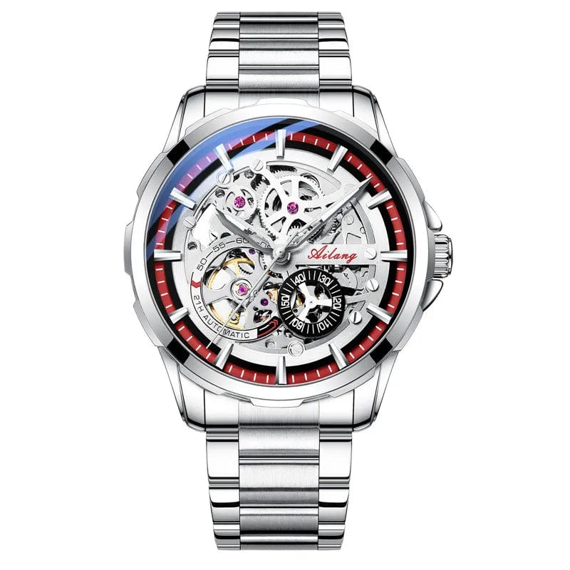 Steel Silver Red Men's Luxury Skeleton Mechanical Watch Stainless Steel Waterproof