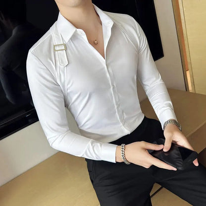 Strap Decorative Design Shirt Mens Clothing 2022 Korean Long Sleeved Slim Fit Casual Shirts Nightclub Prom Show Dress Shirt