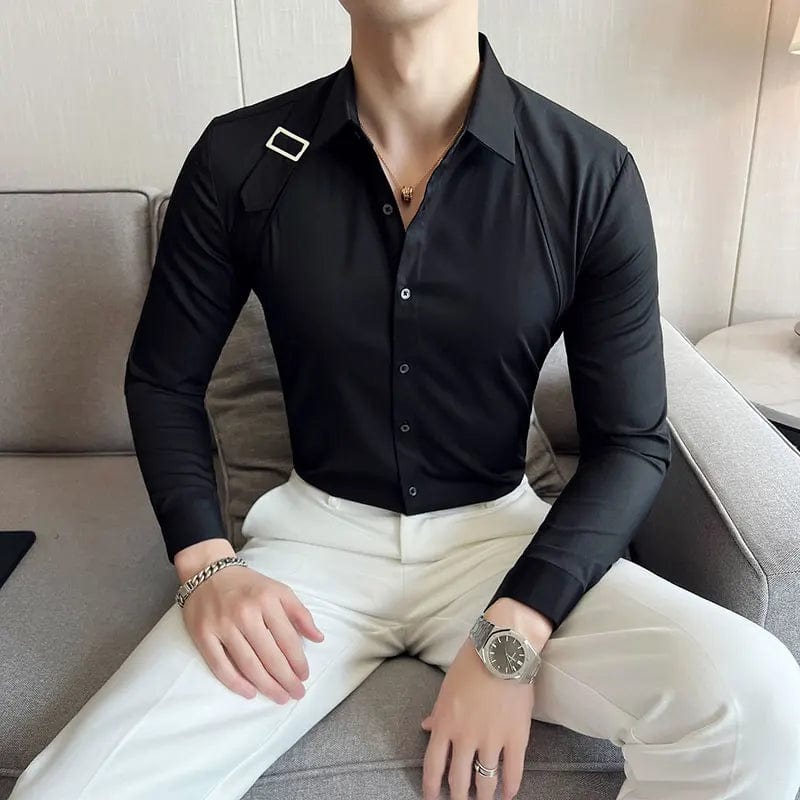 Strap Decorative Design Shirt Mens Clothing 2022 Korean Long Sleeved Slim Fit Casual Shirts Nightclub Prom Show Dress Shirt