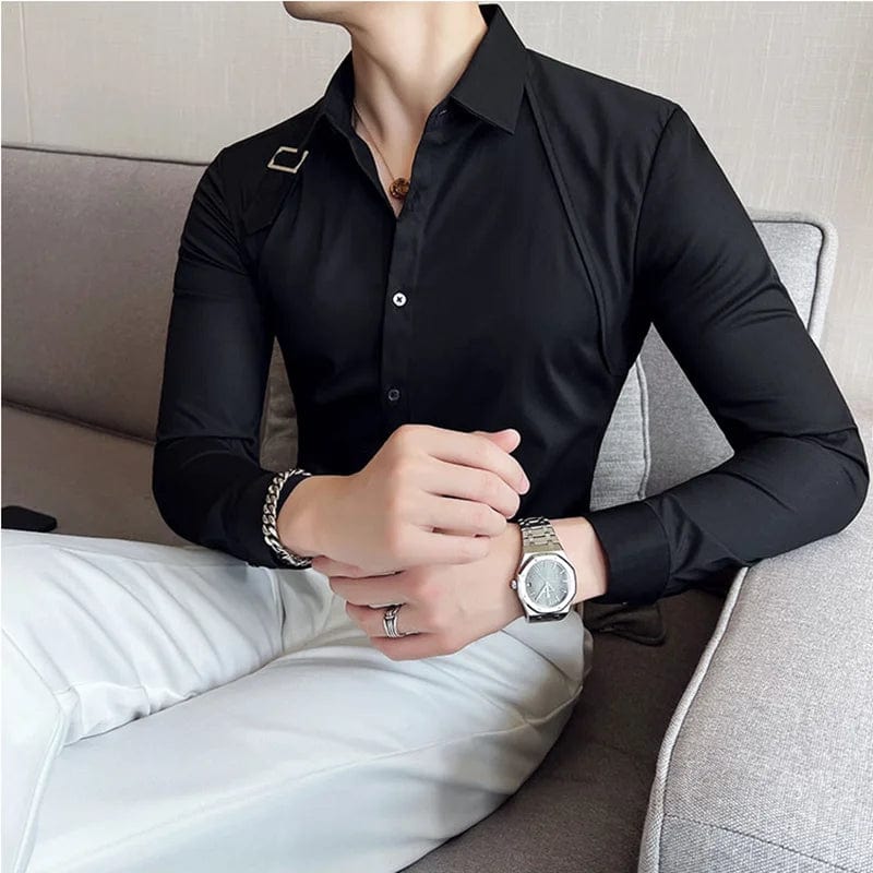 Strap Decorative Design Shirt Mens Clothing 2022 Korean Long Sleeved Slim Fit Casual Shirts Nightclub Prom Show Dress Shirt