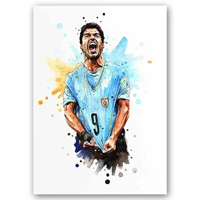 Suarez / Small - 40X60cm Unframed Football Soccer Legends Vibrant Watercolor Wall Art Posters: High Quality Canvas Painting Prints for Home Decor, Bedroom, and Office