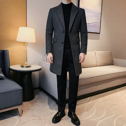 Suit Collar Medium - Length Woolen Coat/ High Quality Men's New Autumn Winter Solid Color Slim Fit Business Casual Warm Overcoat