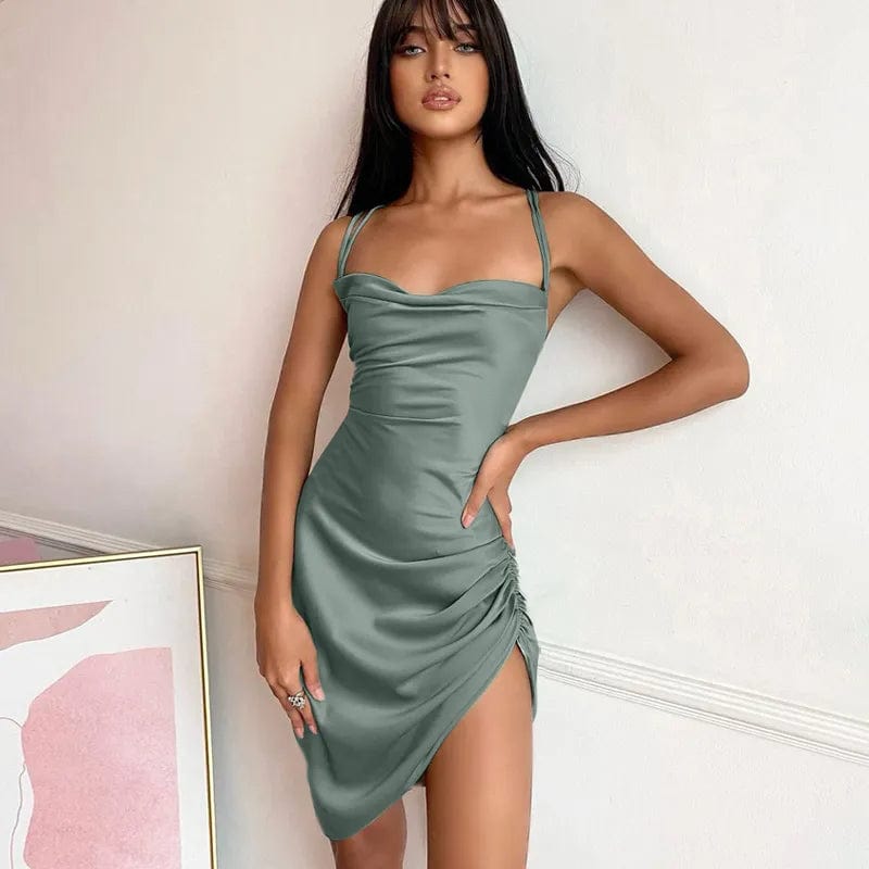Sultry Elegance: Dulzura Satin Mini Dress with Ruched Lace-Up Cross Bandage, Backless Bodycon