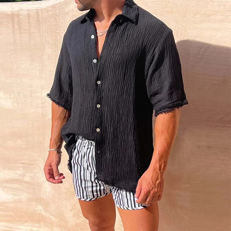 Summer Comfort: Libero Men's Loose Short Sleeve Cotton Linen Shirt with Vintage Pleats and Buttoned Turn-down Collar