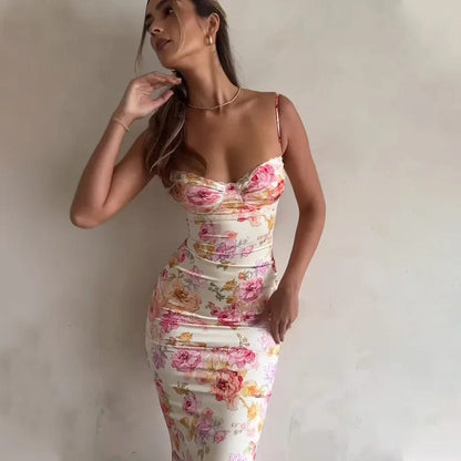 Summer Floral Maxi Bodycon Dress - Elegant Spaghetti Strap Party Wear for Wedding Guests & Holidays