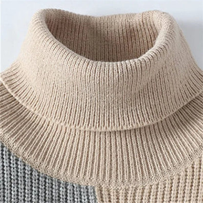 Turtleneck Patchwork Sweater: Knitted Men's Pullover Warm Casual Knit