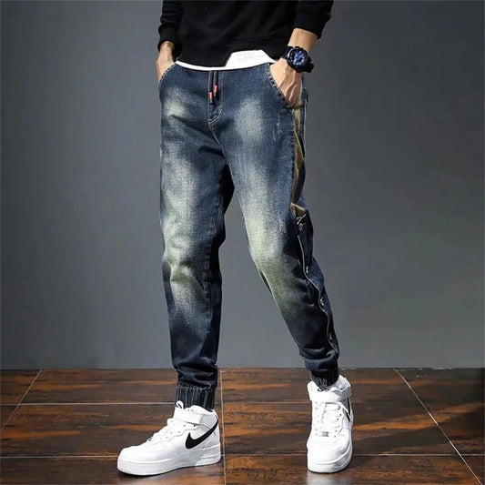 Urban Edge: Men's Loose Fit Baggy Moto Jeans with Fashion Pockets - Retro Streetwear Harem Pants for Relaxed and Tapered Style