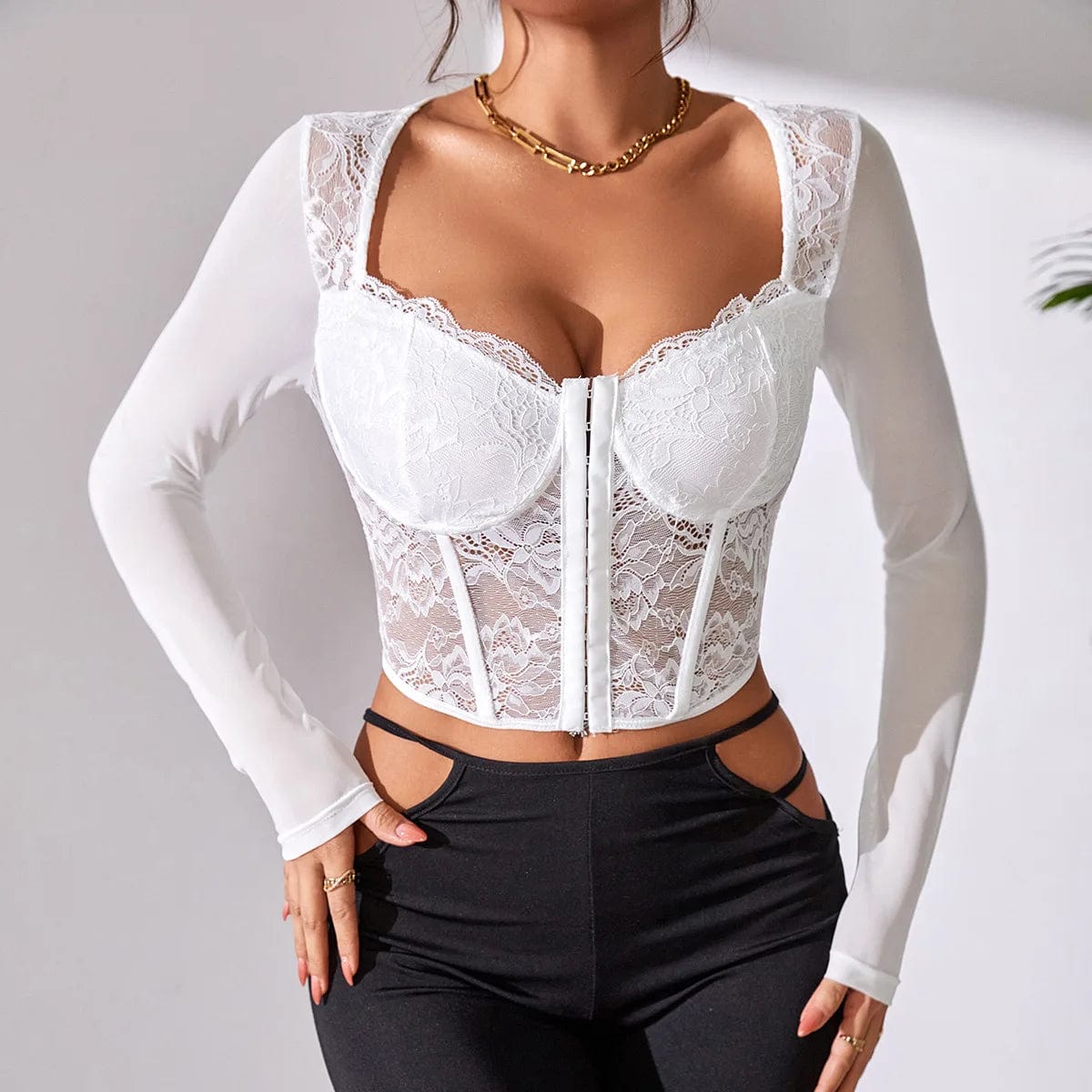 Vemina Selection of Autumn Backless Sexy Lace Long Sleeve Women Blouse,Black Embroidery Floral Bare Shoulder Bodycon Crop Top