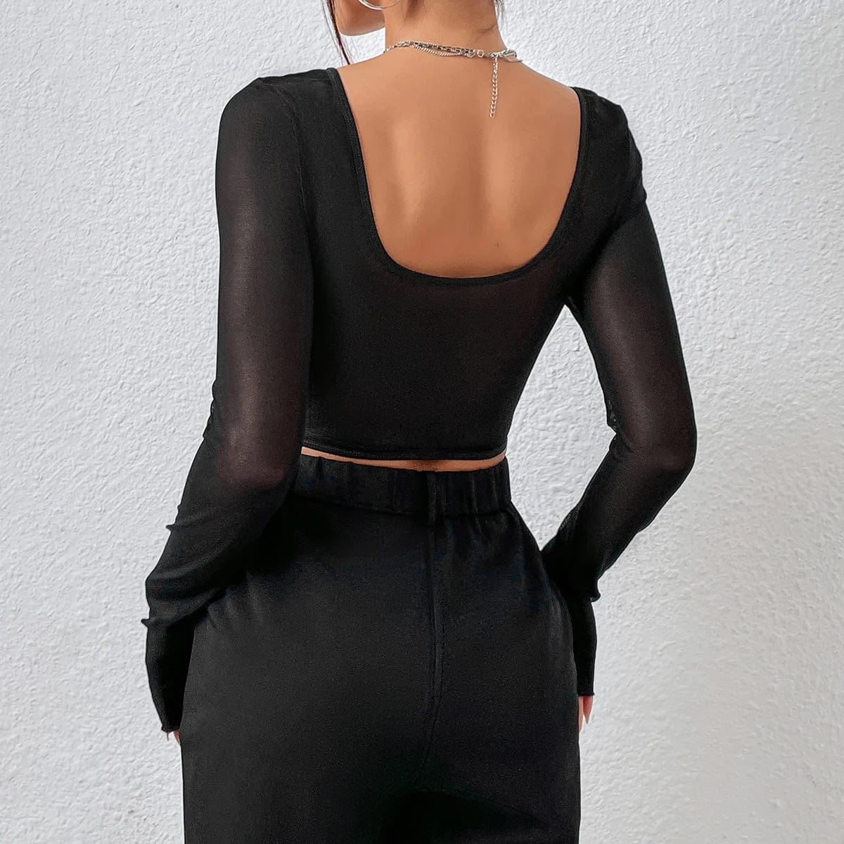 Vemina Selection of Autumn Chic Sexy V Neck Long Sleeve Mesh Crop Top, Women Black Lace Embroidery Hollow Out Slim Blouses