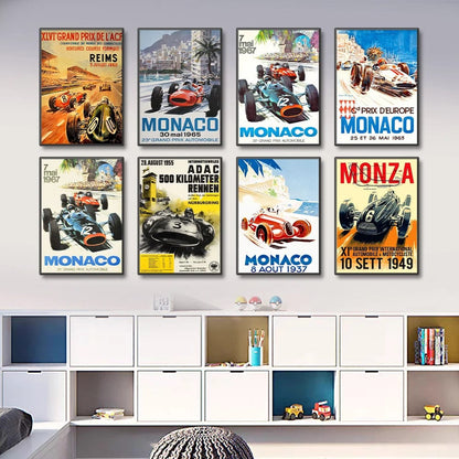 Vintage Car Racing Monaco Formula One Grand Prix F1 Race Canvas Painting Art Prints