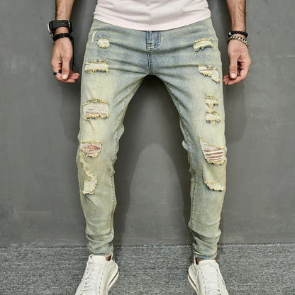 Vintage Men's Ripped Skinny Pencil Jeans Pants Hip Hop Stylish Denim Trousers