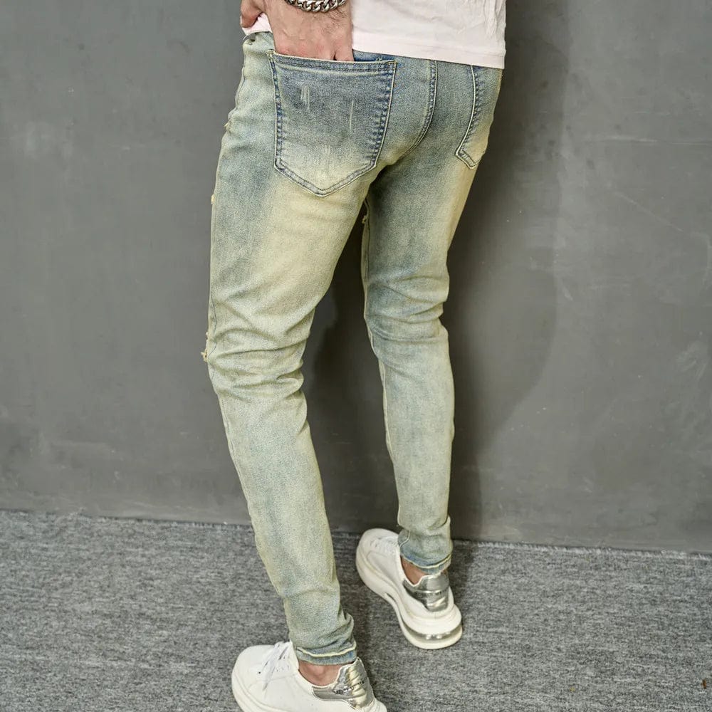Vintage Men's Ripped Skinny Pencil Jeans Pants Hip Hop Stylish Denim Trousers