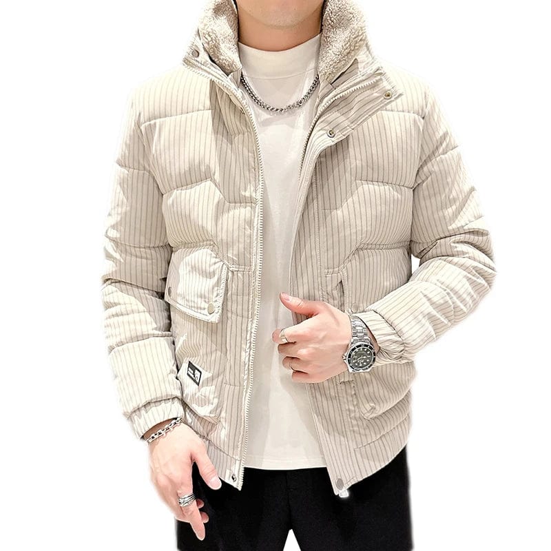 Warm Striped Men's Puffer Jacket - Stand Collar Smart Casual Coat
