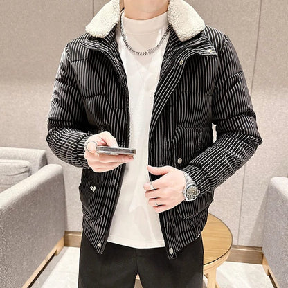 2023 Winter Striped Jackets Men Thickened Warm Puffer Parkas Stand Collar Business Casual Cotton Coat Social Windproof Overcoat