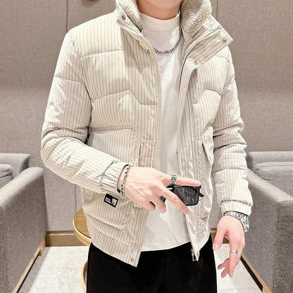 Warm Striped Men's Puffer Jacket - Stand Collar Smart Casual Coat