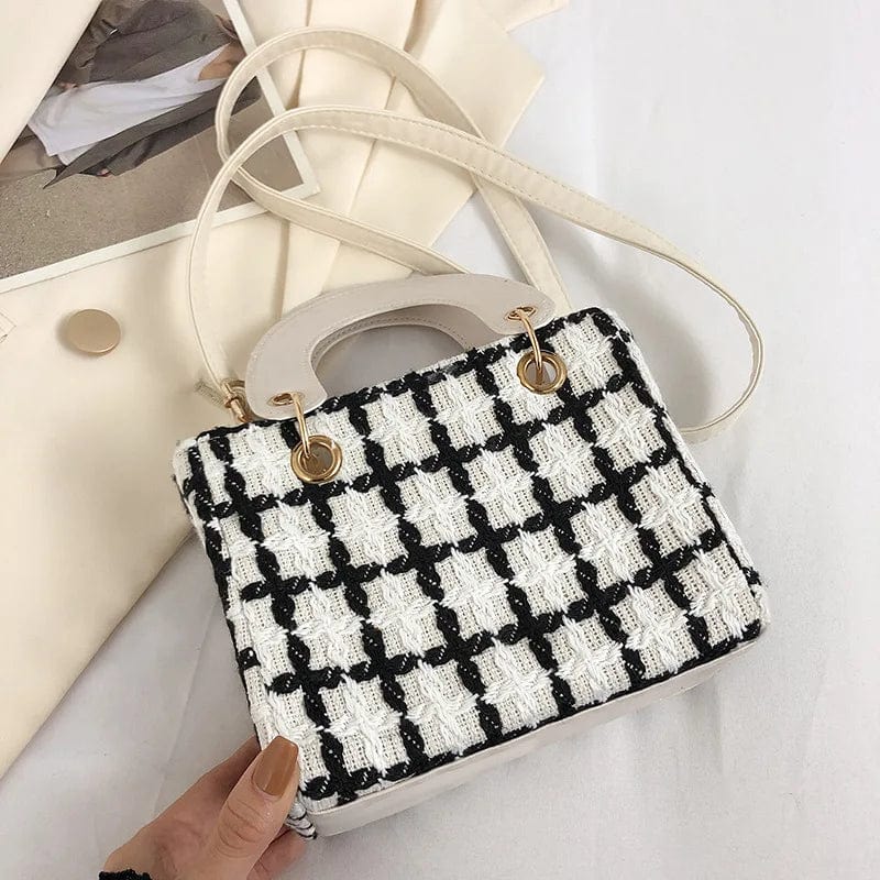 Luxury Mini Square Vintage Plaid Woollen Clutch Cross Shoulder Handbag Purse White 15X19X9cm Zebuci