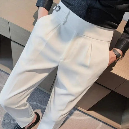 White / 29 / CHINA British Style 2023 New High Waist Casual Pant Men Belt Design Slim Fit Suit Pants Office Social Wedding Party Formal Pants 29-36