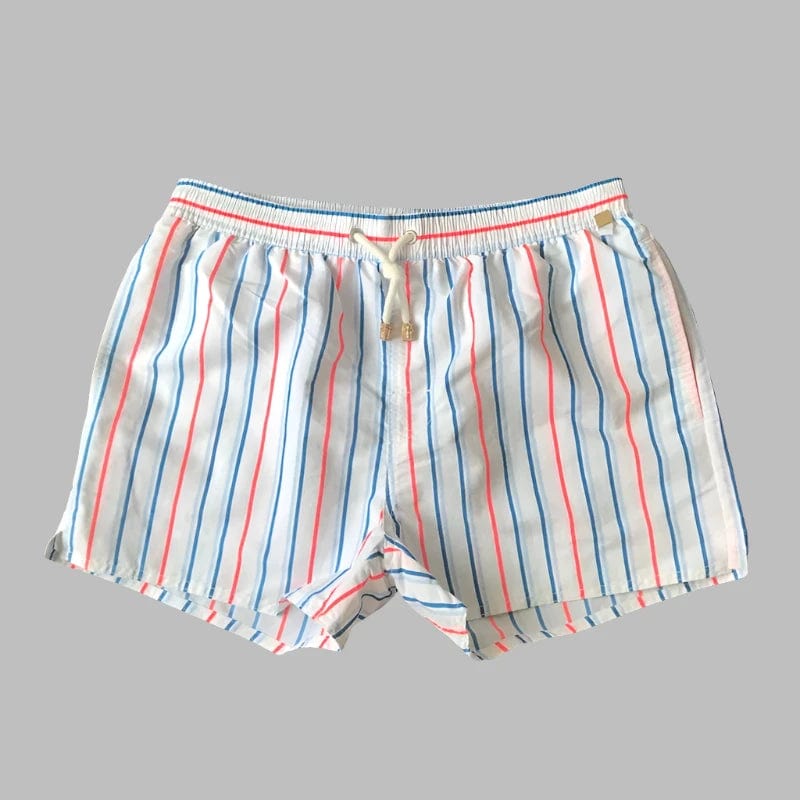 White / 32-34 Waist Men's Striped Beach Vacation Shorts: Lined Swim Trunks for Hot Springs