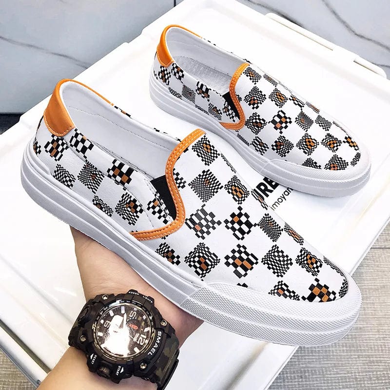 WHITE / 39 British Style New Shoes for Men Genuine Leather Casual Shoes Trend Print Flats Shoes Youth Street Cool Slip-on Loafers