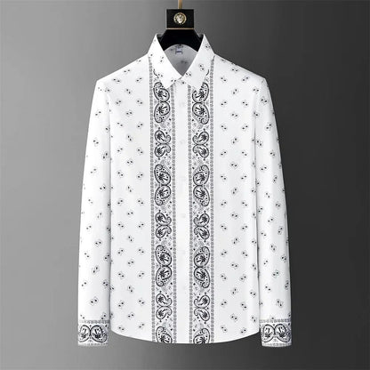 WHITE / 4XL Brand Luxury Printed Shirt Men Retro Long Sleeved Casual Shirts Slim Business Social Party Dress Shirts Streetwear Men Clothing