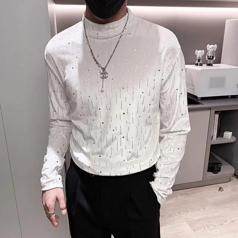 WHITE / Asia M 45-55KG Autumn Winter Velvet Rhinestone T-shirt for Men Long Sleeve Half Turtleneck T-shirt Casual Business Social Bottoming Shirt 2023