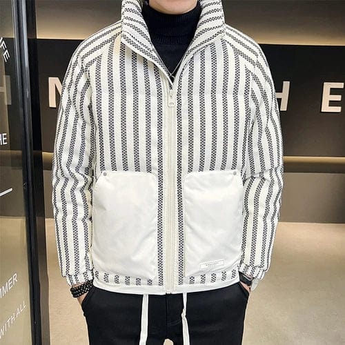 White / Asia S 47-51kg New Coat Winter Down Jacket Male Brief Paragraph Collar Big-Bag Vertical Stripe  Eiderdown Leisure Men Warm Zipper Feather Coat