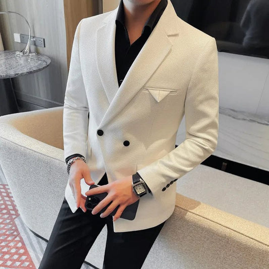 WHITE / Asia XXL 70-77KG 2024 Spring Unique Tailoring Blazer Jacket Men Double Breasted Buckle Casual Business Blazer Social Banquet Party Formal Coat