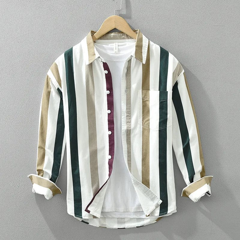 White / Asian L (55-65 KG) 2024 Spring New Casual Striped 100% Cotton Long Sleeve Shirts for Men Clothing Simple Fresh Turn-down Collar Soft CM7220