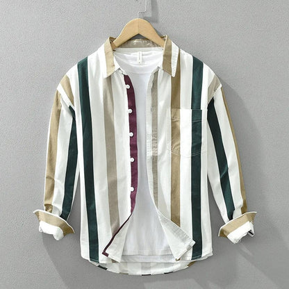 White / Asian L (55-65 KG) 2024 Spring New Casual Striped 100% Cotton Long Sleeve Shirts for Men Clothing Simple Fresh Turn-down Collar Soft CM7220