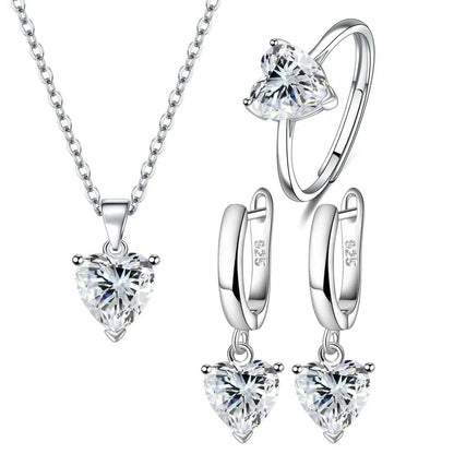 White Elegant 925 Sterling Silver Jewelry Sets For Women Heart Zircon Ring Earrings Necklace