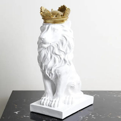 White Gold Crown / 18x10cm Nordic Resin Lion Sculpture with Crown - Majestic Animal Figurine Statue