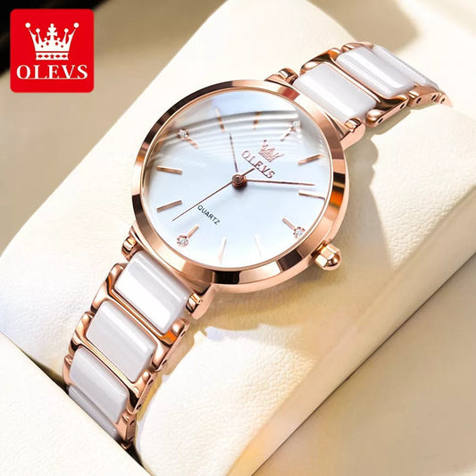 WHITE Luxury Rose Gold Elegance: Fashion Women's Quartz Wristwatch with Ceramic Bracelet Design