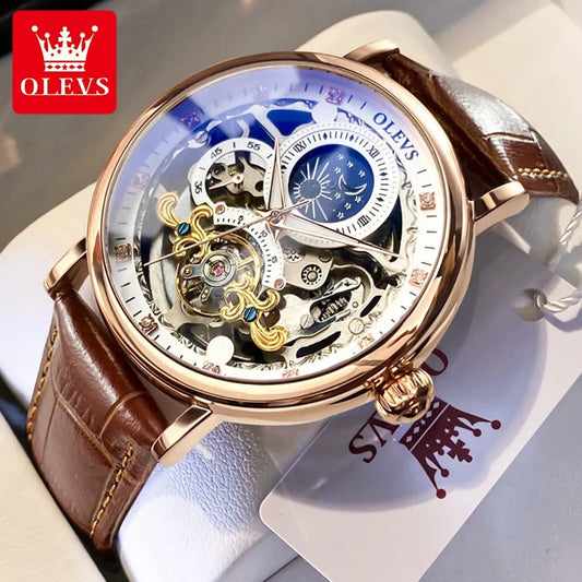 White Luxury Timekeeping: OLEVS Moon Phase Mechanical Watch for Men with Dual Time Zone Display, Waterproof Automatic Skeleton Design - Top Brand Elegance