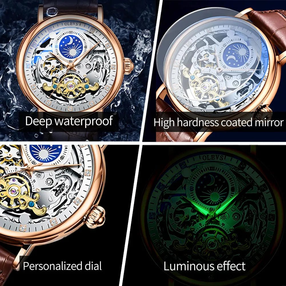 Luxury Timekeeping Moon Phase Mechanical Watch for Men Dual Time