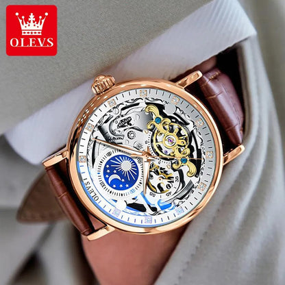 White Luxury Timekeeping: OLEVS Moon Phase Mechanical Watch for Men with Dual Time Zone Display, Waterproof Automatic Skeleton Design - Top Brand Elegance