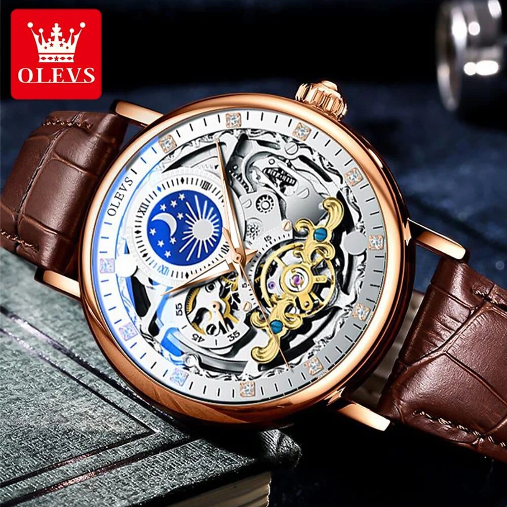 Luxury Timekeeping Moon Phase Mechanical Watch for Men Dual Time