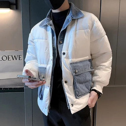 White / M 2023 Autumn Winter Jackets Men Fashion Denim Patchwork Warm Puffer Parkas Korean Fake Two Piece Cotton Jacket men clothing