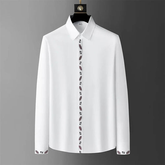 WHITE / M Autumn Embroidery Men's Shirts Solid Color Business Casual Formal Shirt Long Sleeve Versatile Shirts Social Banquet Party Tops