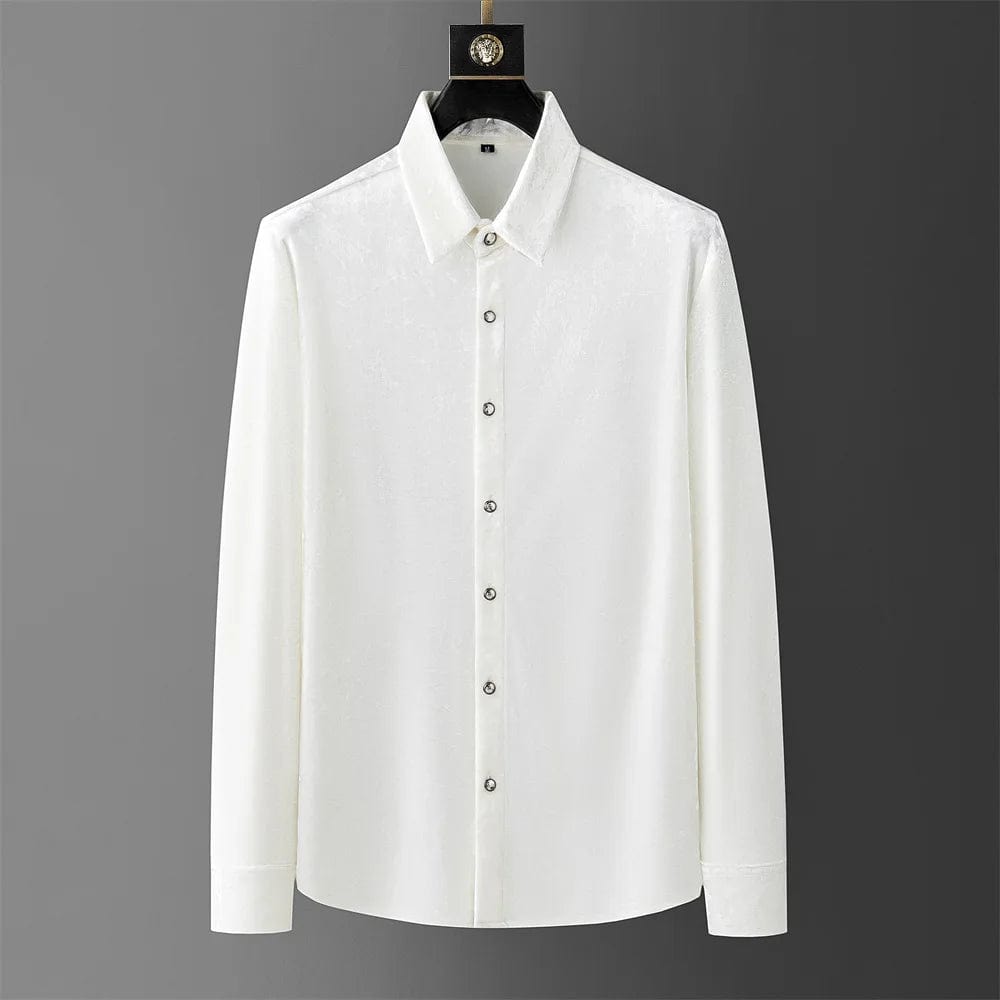 WHITE / M Luxury Velvet Men's Long Sleeve Casual Business Formal Dress Vintage Shirt