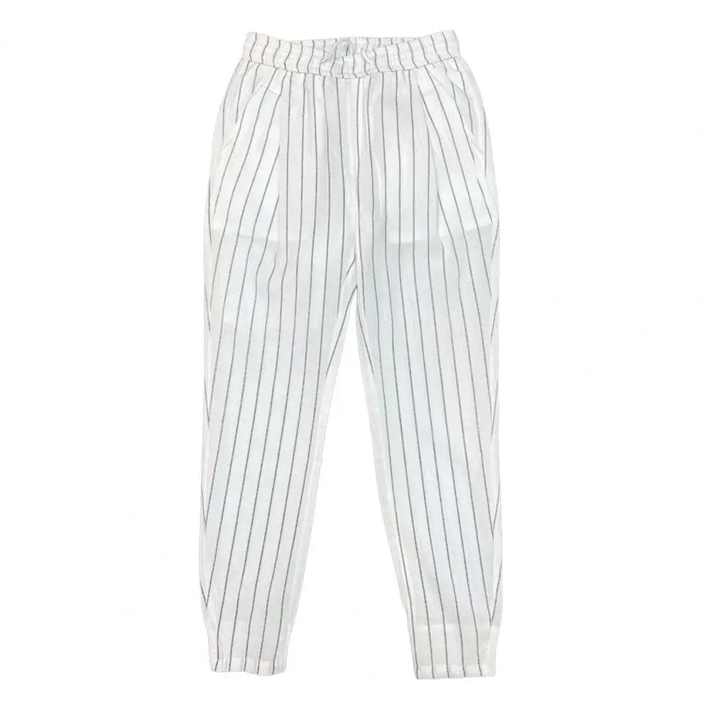 WHITE / M Men Harem Pants Striped Drawstring Pencil Trousers Slim Fit Elastic Waist Trousers Stretch Ankle Tied Pencil Pants For Autumn