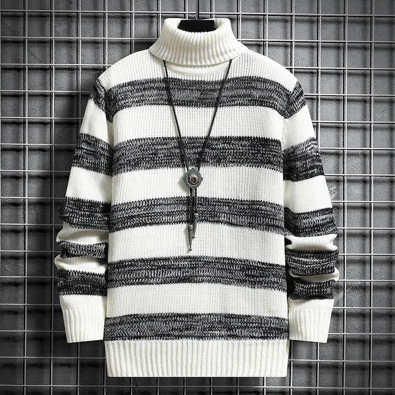 WHITE / M New Turtleneck Sweater Pullover Men Fashion Striped Knitted Slim Fit Knittwear Sweater Mens Casual Sweaters Winter Pullovers