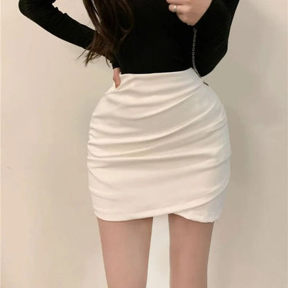 WHITE / S / CHINA Lucyever Korean Fashion Mini Skirt Women Solid High Waist Irregular Folds Hip Wrap Pencil Skirt Ladies Sexy Slim Short Skirts
