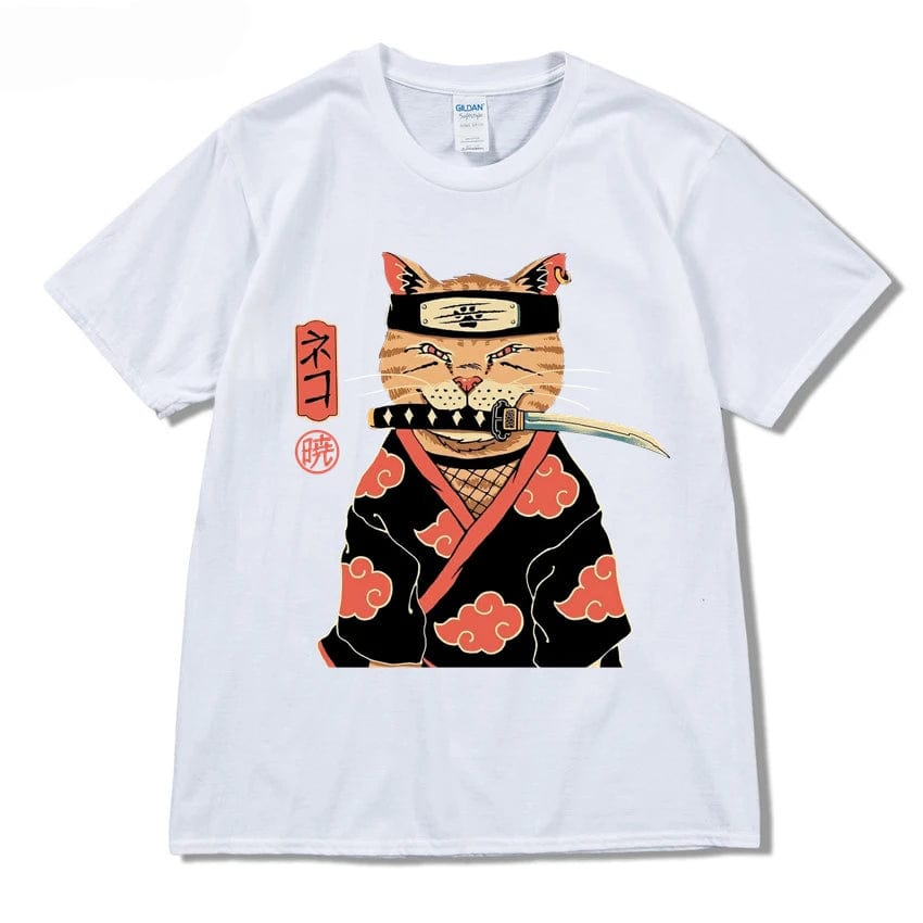 White / S Hip Hop Streetwear Japanese Kanji Harajuku Funny Warrior Cat T-Shirt Summer Short Sleeve Tops Tees Cotton Print Loose Tshirt