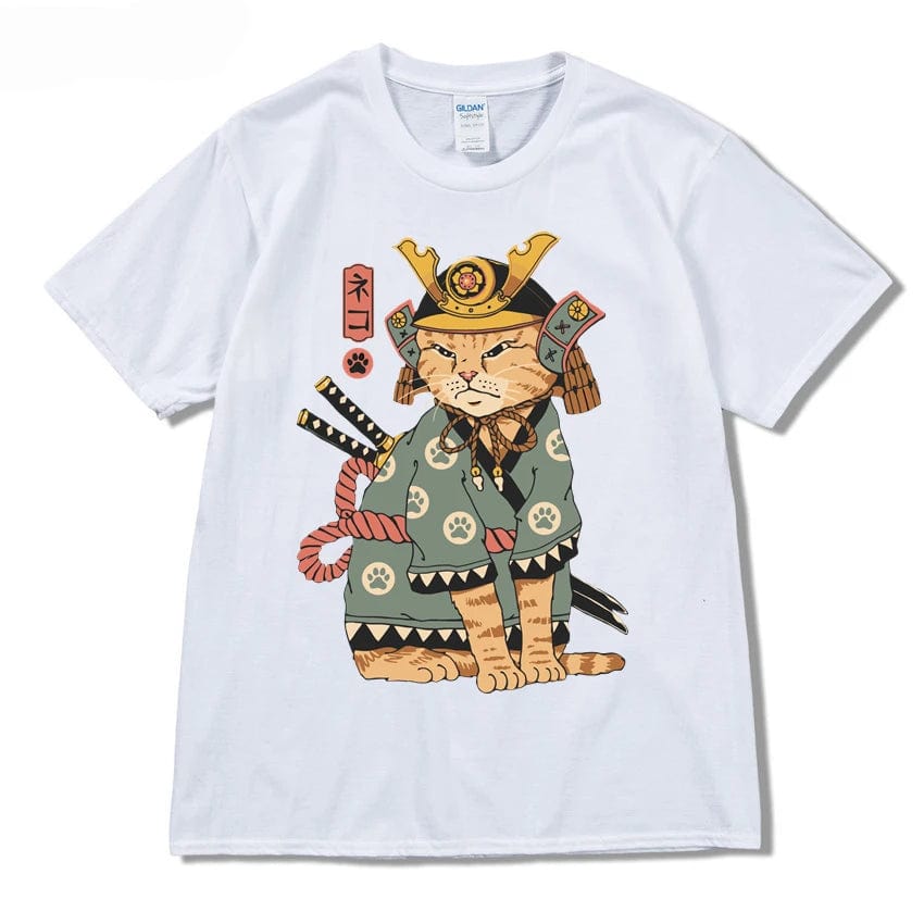 White / S Men Hip Hop T Shirt Streetwear Japanese Kanji Harajuku Funny Warrior Cat T-Shirt Summer Short Sleeve Tee Cotton Print Swag shirt